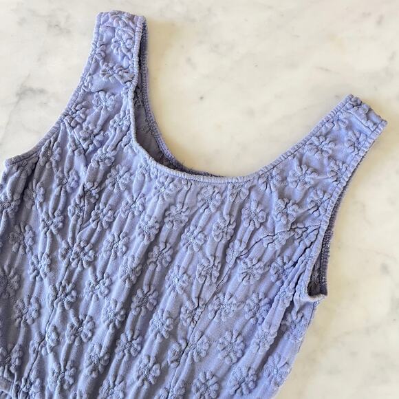 Vintage 80s 90s Periwinkle Sleeveless Romper Floral Embroidery + Pockets / S M - Picture 3 of 10